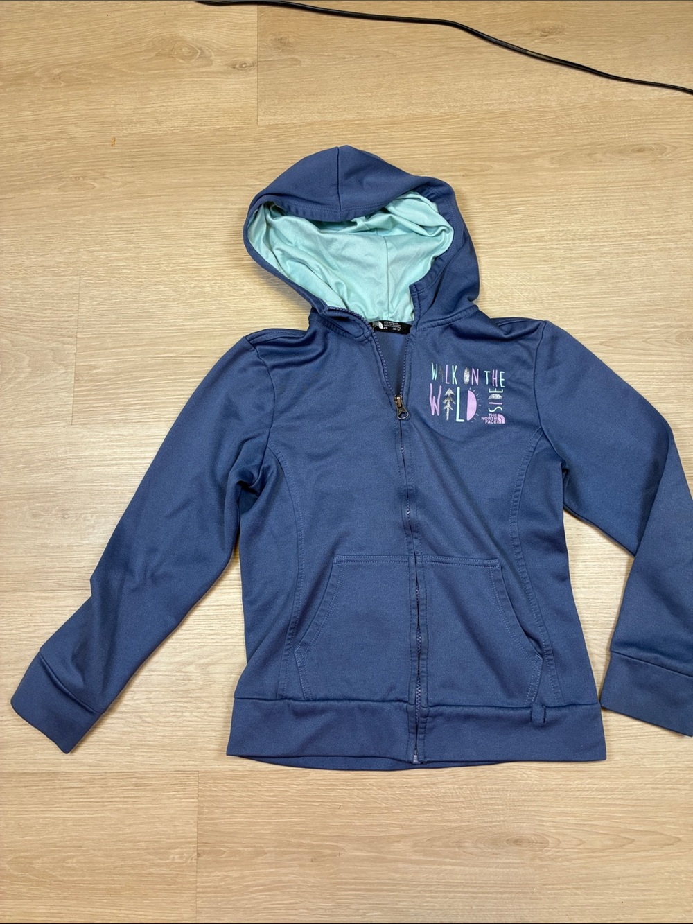 The North Face Girls Navy Zip Hoodie with Light Teal Hood Lining